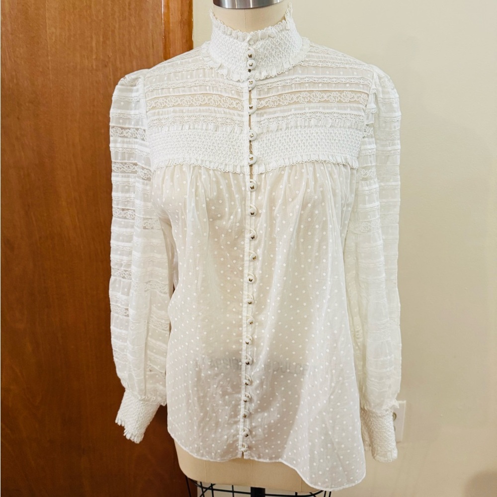 Zimmermann White Swiss Dot Lace High-Neck Blouse